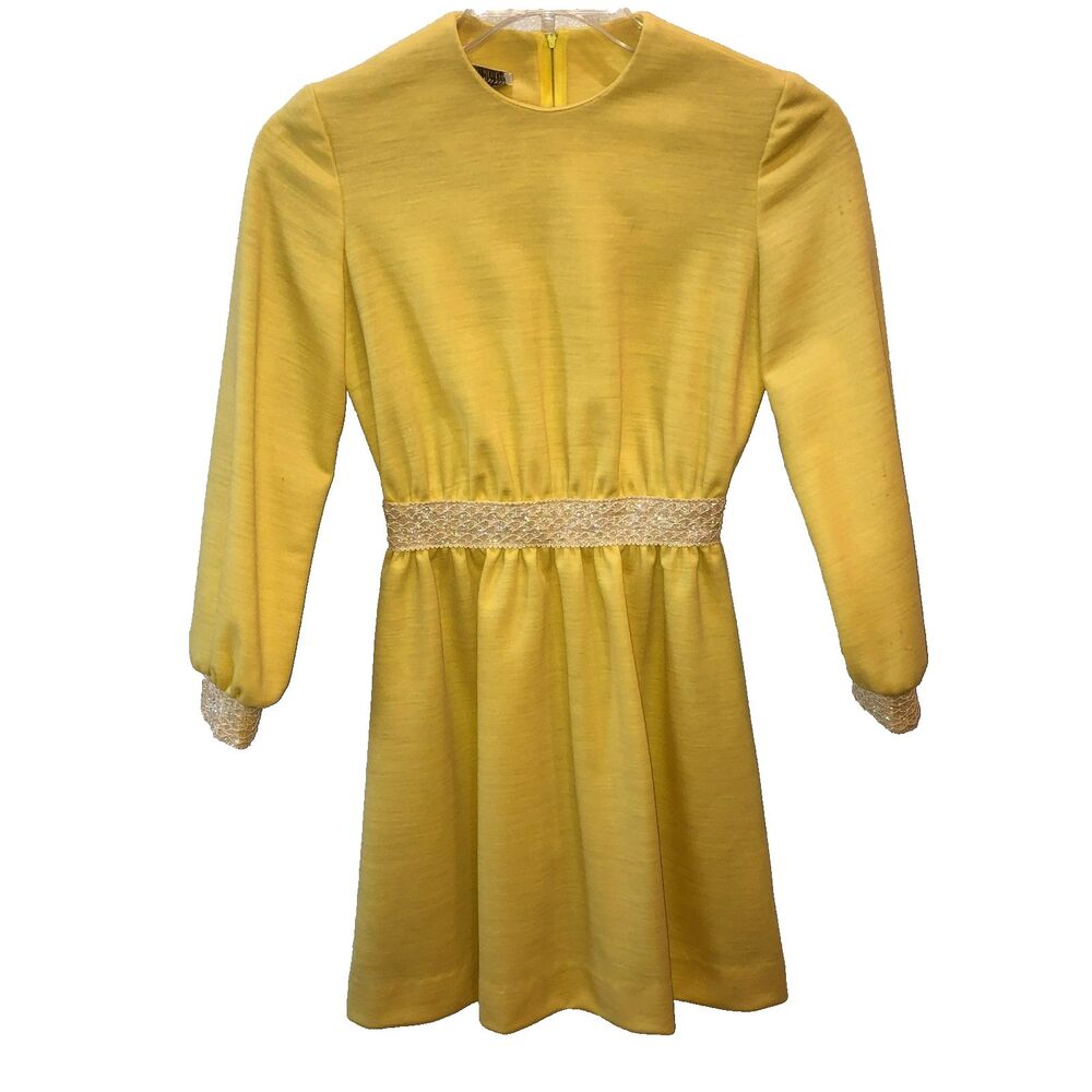 Carole King Sz XXS Yellow Vintage Mini Dress Lace Waist Cuffs Fit Flare 60s 70s